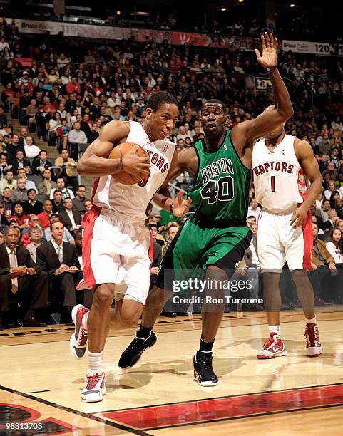 DeMar DeRozan of the Toronto Raptors drives the baseline against Michael Finley of the Boston Celtics during a game on April 7, 2010 at the Air...