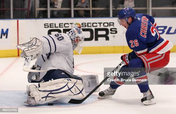Jonas Gustavsson of the Toronto Maple Leafs makes a second-period save on Erik Christensen of the New York Rangers at Madison Square Garden on April...