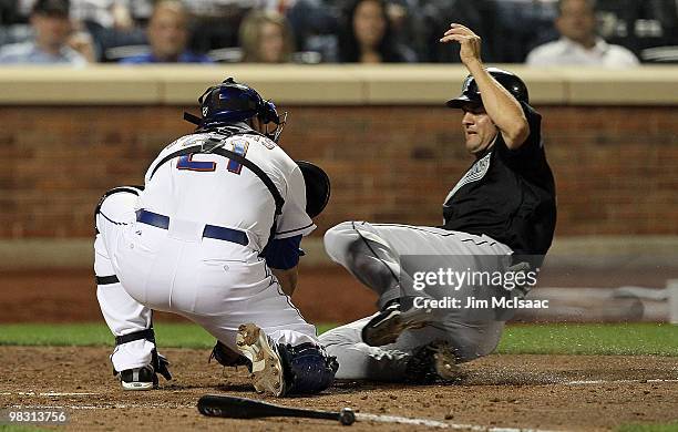 Rod Barajas of the New York Mets tags out Gaby Sanchez of the Florida Marlins as he tried to score a run in the sixth inning on April 7, 2010 at Citi...