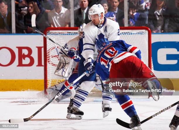 Marian Gaborik of the New York Rangers takes a shot against Francois Beauchemin of the Toronto Maple Leafs in the second period on April 7, 2010 at...