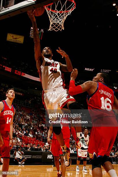 Udonis Haslem of the Miami Heat shoots against the Philadelphia 76ers on April 7, 2010 at American Airlines Arena in Miami, Florida. NOTE TO USER:...