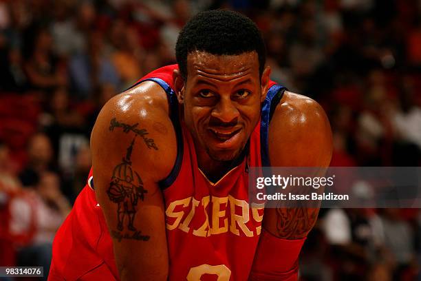 Andre Iguodala of the Philadelphia 76ers takes a breather against the Miami Heat on April 7, 2010 at American Airlines Arena in Miami, Florida. NOTE...