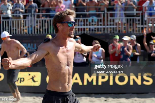 Taylor Crabb celebrates after defeating Phil Dalhausser and Nick Lucena during the Men's Championship game of the AVP Seattle Open at Lake Sammamish...