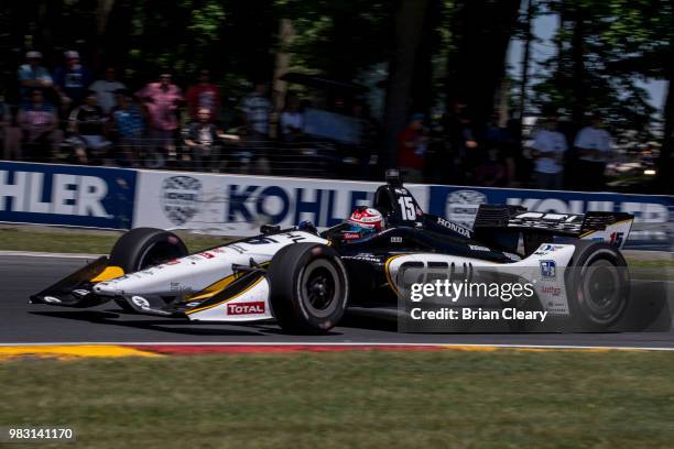 Graham Rahal drives the Honda IndyCar on the track during the Verizon IndyCar Series Kohler Grand Prix at Road America on June 24, 2018 in Elkhart...