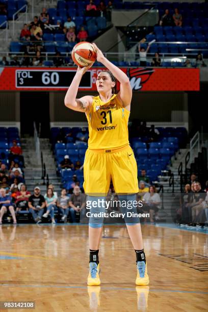 Stefanie Dolson of the Chicago Sky shoots the ball against the Phoenix Mercury on June 24, 2018 at the Allstate Arena in Rosemont, Illinois. NOTE TO...