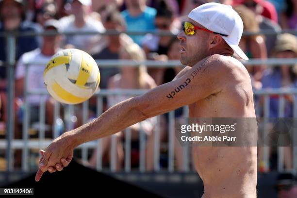 Jake Gibb pumps the ball while competing against Phil Dalhausser and Nick Lucena during the Men's Championship game of the AVP Seattle Open at Lake...