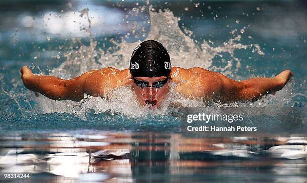 Steven Kent competes in the Men's 200m Individual Medley during day four of the New Zealand Open Swimming Championships at West Wave Aquatic Centre...