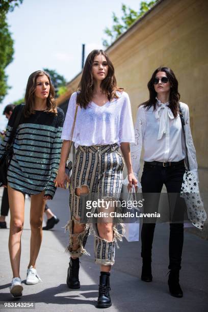 Model Pauline Hoarau , wearing white t shirt and Balmain pants, is seen in the streets of Paris after the Balmain show, during Paris Men's Fashion...