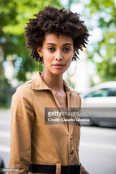 Model Samile Bermannelli, wearing brown jumpsuit, is seen in the streets of Paris after the Balmain show, during Paris Men's Fashion Week...