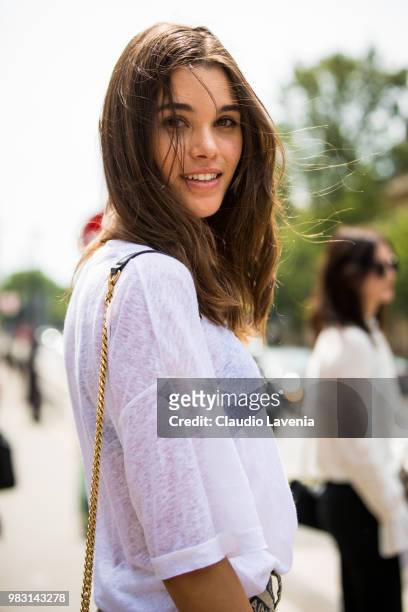 Model Pauline Hoarau, wearing white t shirt, is seen in the streets of Paris after the Balmain show, during Paris Men's Fashion Week Spring/Summer...