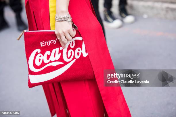 Fashion detail of Coca Cola handbag, is seen in the streets of Paris after the Y-3 show, during Paris Men's Fashion Week Spring/Summer 2019 on June...