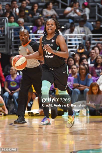 Epiphanny Prince of the New York Liberty handles the ball against the Los Angeles Sparks on June 24, 2018 at STAPLES Center in Los Angeles,...