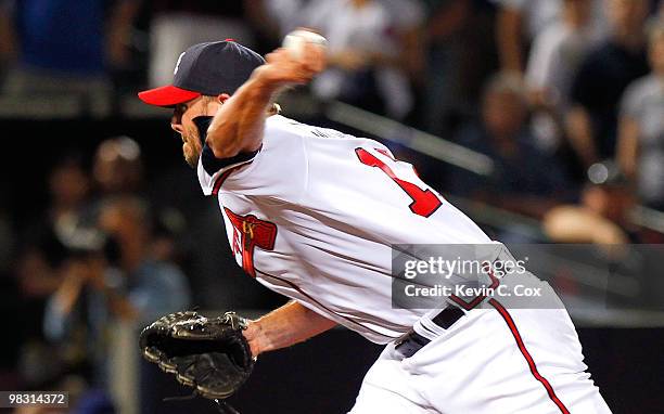 Reliever Billy Wagner of the Atlanta Braves tosses the final pitch to give the Braves a 3-2 win over the Chicago Cubs at Turner Field on April 7,...