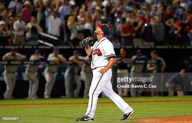 Reliever Billy Wagner of the Atlanta Braves reacts after tossing the final pitch in their 3-2 win over the Chicago Cubs at Turner Field on April 7,...