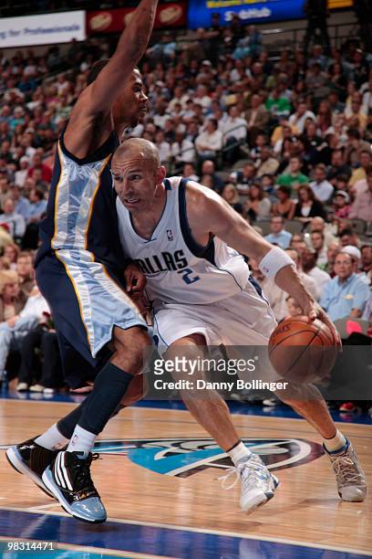Jason Kidd of the Dallas Mavericks drives against Mike Conley of the Memphis Grizzlies during a game at the American Airlines Center on April 7, 2010...