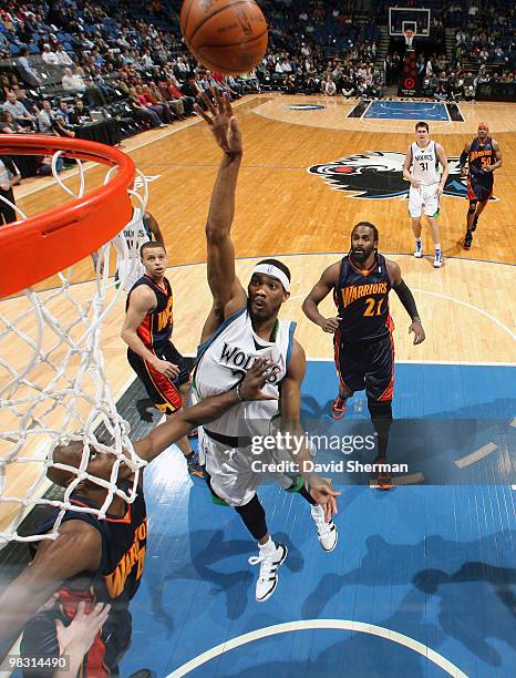 Corey Brewer of the Minnesota Timberwolves goes to the basket against Anthony Tolliver of the Golden State Warriors during the game on April 7, 2010...