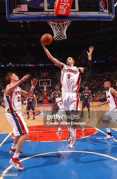 Austin Daye of the Detroit Pistons goes up for a rebound during a game against the Atlanta Hawks in a game at the Palace of Auburn Hills on April 7,...