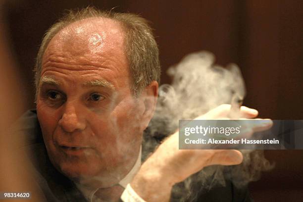 Uli Hoeness, President of Bayern Muenchen, attends the Champions League dinner at the Marriott Worsley Park hotel after the UEFA Champions League...