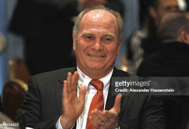 Uli Hoeness, President of Bayern Muenchen, attends the Champions League dinner at the Marriott Worsley Park hotel after the UEFA Champions League...