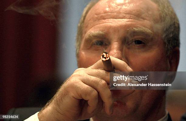 Uli Hoeness, President of Bayern Muenchen, attends the Champions League dinner at the Marriott Worsley Park hotel after the UEFA Champions League...