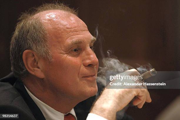 Uli Hoeness, President of Bayern Muenchen, attends the Champions League dinner at the Marriott Worsley Park hotel after the UEFA Champions League...