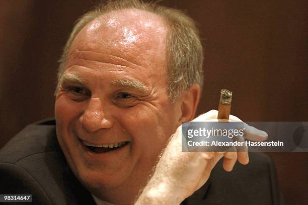 Uli Hoeness, President of Bayern Muenchen, attends the Champions League dinner at the Marriott Worsley Park hotel after the UEFA Champions League...