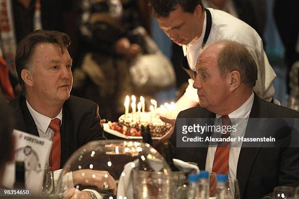 Uli Hoeness , President of Bayern Muenchen and Louis van Gaal, head coach of Bayern Muenchen attend the Champions League dinner at the Marriott...