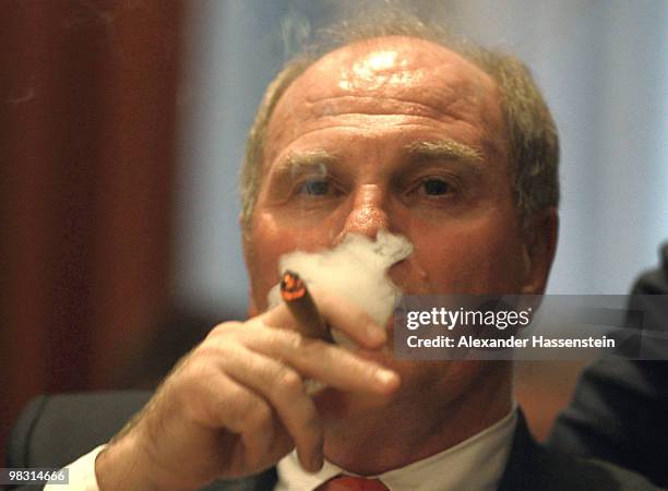 Uli Hoeness, President of Bayern Muenchen, attends the Champions League dinner at the Marriott Worsley Park hotel after the UEFA Champions League...