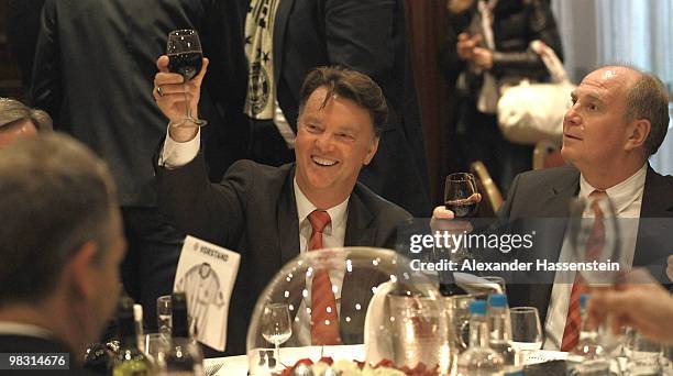 Uli Hoeness , President of Bayern Muenchen and Louis van Gaal, head coach of Bayern Muenchen attend the Champions League dinner at the Marriott...