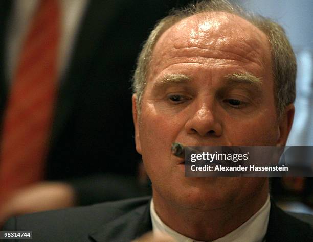 Uli Hoeness, President of Bayern Muenchen, attends the Champions League dinner at the Marriott Worsley Park hotel after the UEFA Champions League...