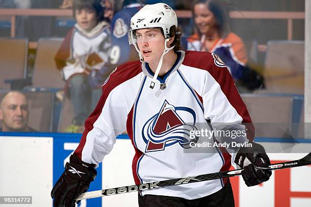 Matt Duchene of the Colorado Avalanche warms up before a game against the Edmonton Oilers at Rexall Place on April 7, 2010 in Edmonton, Alberta,...