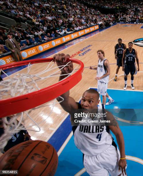 Caron Butler of the Dallas Mavericks dunks against the Memphis Grizzlies during a game at the American Airlines Center on April 7, 2010 in Dallas,...