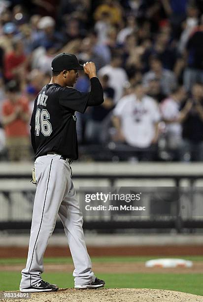 Leo Nunez of the Florida Marlins reacts after his eighth inning game tying bases loaded balk against the New York Mets on April 7, 2010 at Citi Field...