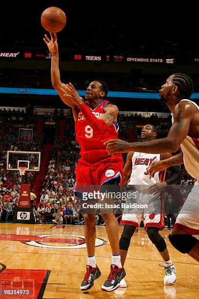 Andre Iguodala of the Philadelphia 76ers on April 7, 2010 at American Airlines Arena in Miami, Florida. NOTE TO USER: User expressly acknowledges and...
