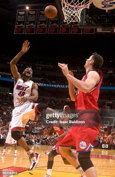 Udonis Haslem of the Miami Heat shoots against the Philadelphia 76ers on April 7, 2010 at American Airlines Arena in Miami, Florida. NOTE TO USER:...