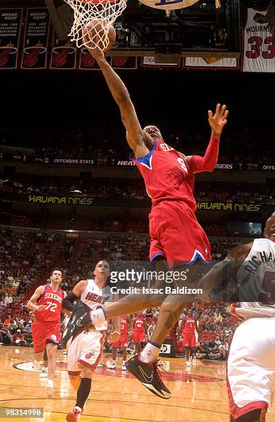 Andre Iguodala of the Philadelphia 76ers shoots against the Miami Heat on April 7, 2010 at American Airlines Arena in Miami, Florida. NOTE TO USER:...
