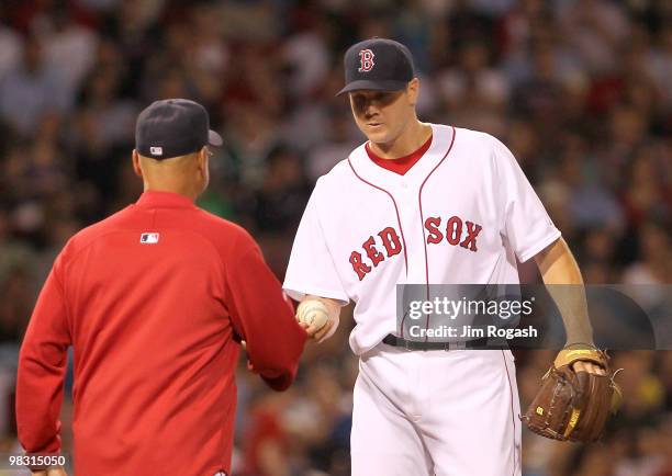 Pitcher Jonathan Papelbon of the Boston Red Sox leaves in the 10th inning against the New York Yankees at Fenway Park on April 7, 2010 in Boston,...