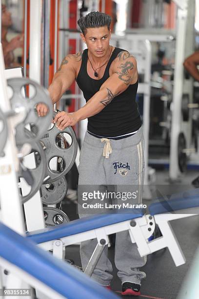 Paul "Pauly D" DelVecchio is sighted training at the Gym on April 7, 2010 in Miami Beach, Florida.