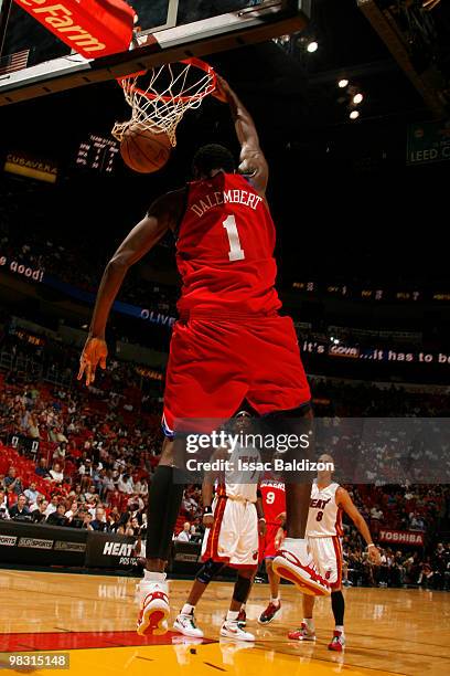 Samuel Dalembert of the Philadelphia 76ers dunk against the Miami Heat on April 7, 2010 at American Airlines Arena in Miami, Florida. NOTE TO USER:...