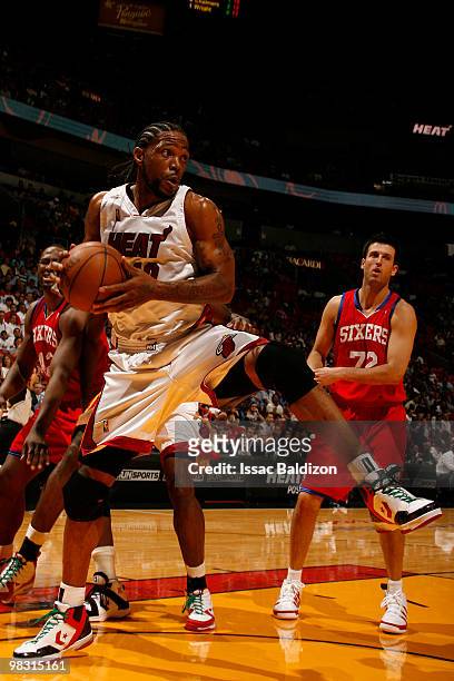 Udonis Haslem of the Miami Heat on April 7, 2010 at American Airlines Arena in Miami, Florida. NOTE TO USER: User expressly acknowledges and agrees...