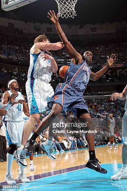 Aaron Gray of the New Orleans Hornets fouls Nazr Mohammed of the Charlotte Bobcats as he goes up for a shot on April 7, 2010 at the New Orleans Arena...