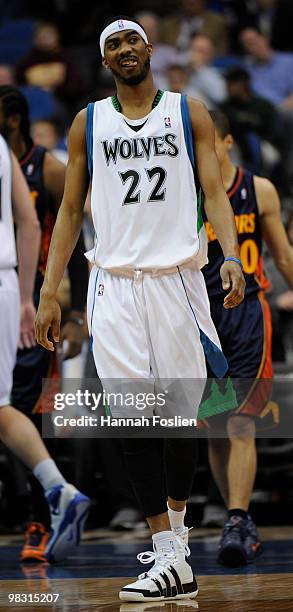 Corey Brewer of Minnesota Timberwolves reacts to a call in the first half against the Golden State Warriors during a basketball game at Target Center...