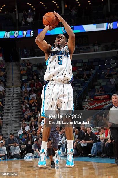 Marcus Thornton of the New Orleans Hornets shoots against the Charlotte Bobcats on April 7, 2010 at the New Orleans Arena in New Orleans, Louisiana....