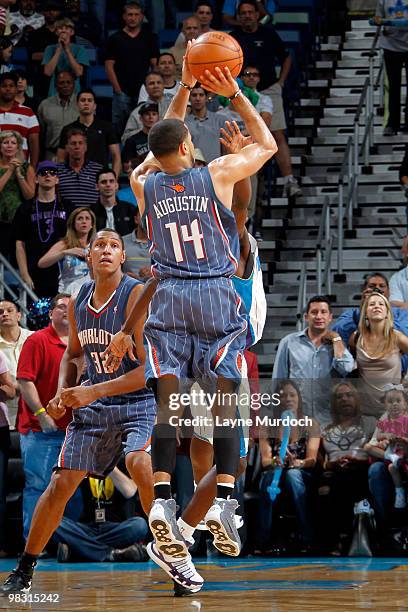 Augustin of the Charlotte Bobcats makes the game-winning shot against the New Orleans Hornets on April 7, 2010 at the New Orleans Arena in New...