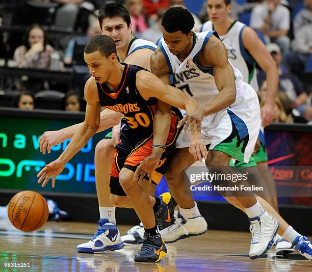 Ramon Sessions of the Minnesota Timberwolves guards against Stephen Curry of the Golden State Warriors in the second half of a basketball game at...