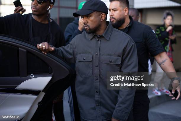 Kanye West is seen on the street during Paris Men's Fashion Week S/S 2019 wearing all-black on June 24, 2018 in Paris, France.