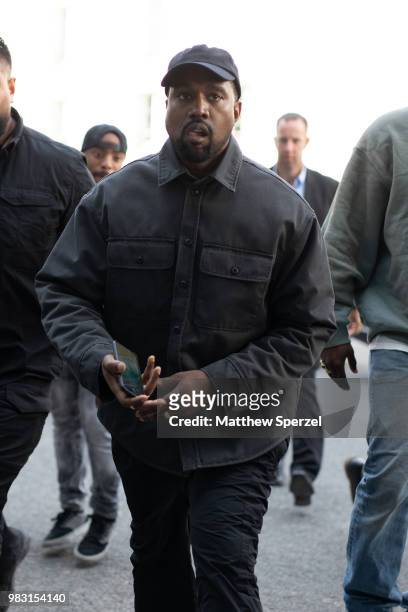 Kanye West is seen on the street during Paris Men's Fashion Week S/S 2019 wearing all-black on June 24, 2018 in Paris, France.