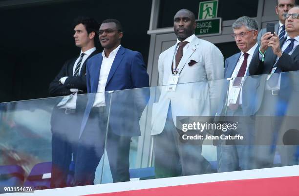 Marcel Desailly, Sol Campbell attend the 2018 FIFA World Cup Russia group G match between England and Panama at Nizhniy Novgorod Stadium on June 24,...