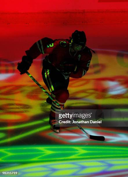 Duncan Keith of the Chicago Blackhawks skates onto the ice before a game against the St. Louis Blues at the United Center on April 7, 2010 in...