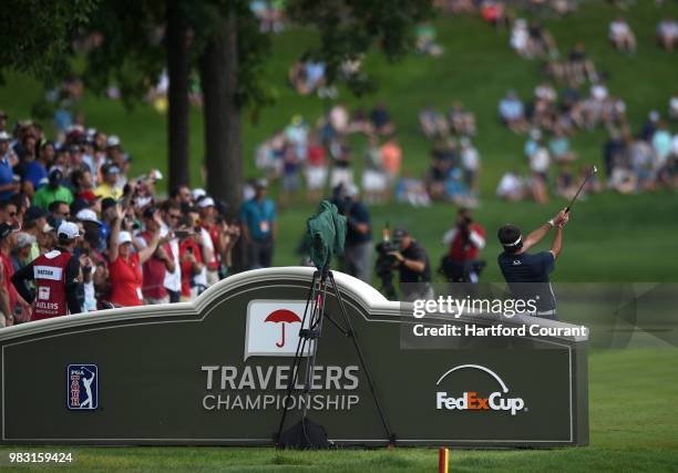 Bubba Watson tees of on the 16th hole during the final round of the Travelers Championship at TPC River Highlands in Cromwell, Conn., on Sunday, June...